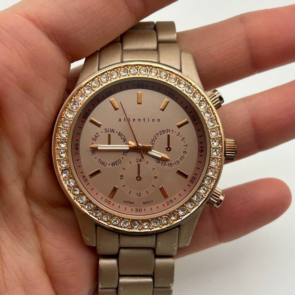 Attention Women's Rose Gold Tone Crystal Bezel Watch Working New Battery - Picture 7 of 8